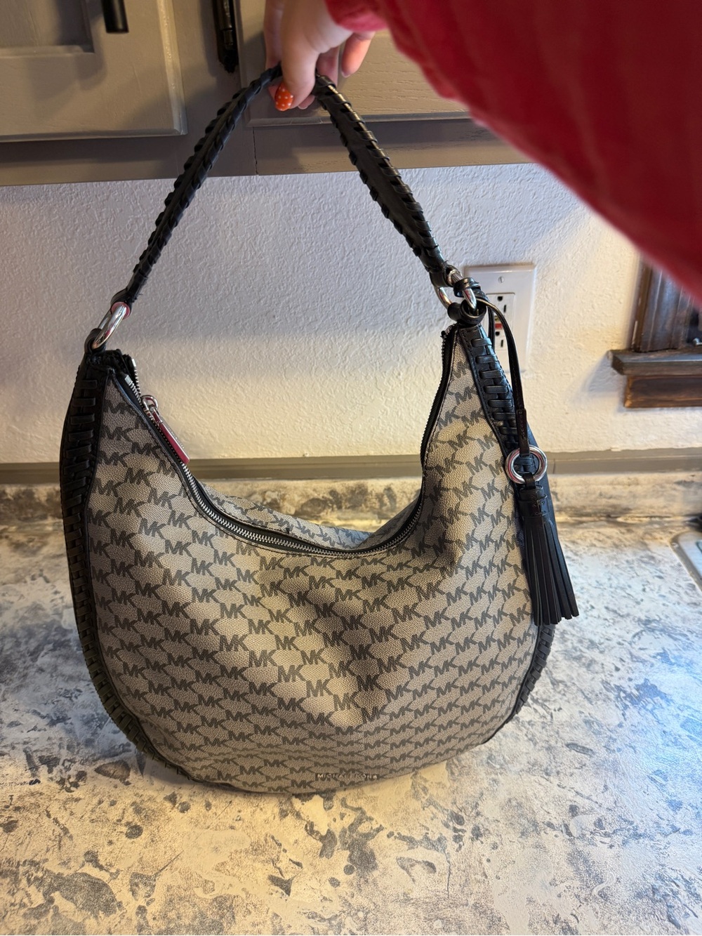 Michael Kors Beige MK Logo Hobo with Black Trim and Tassel